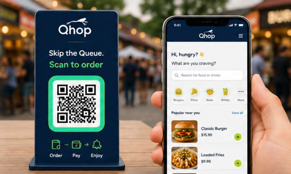 Qhop QR stand and mobile ordering app
